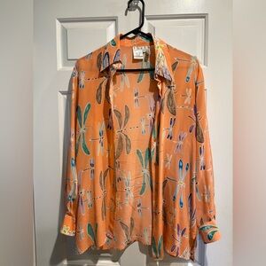 Piano vintage silk button down shirt blouse coral pink dragonfly L